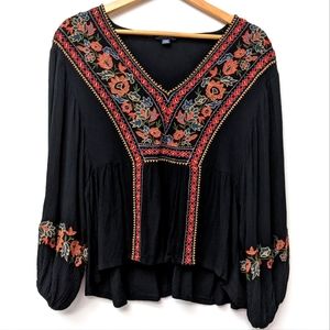 American Eagle Black Boho Floral Embroidery Flowy Top